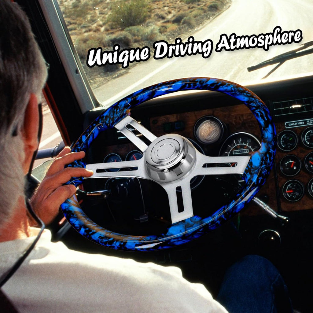 Sorghum 18' Solid Wood Steering Wheel - Hydrographic Blue Skulls 4 Spokes Aluminum Chrome Steering Wheel with Horn Button for Trucks Compatible with Mack Kenworth Peterbilt Volvo Freightliner