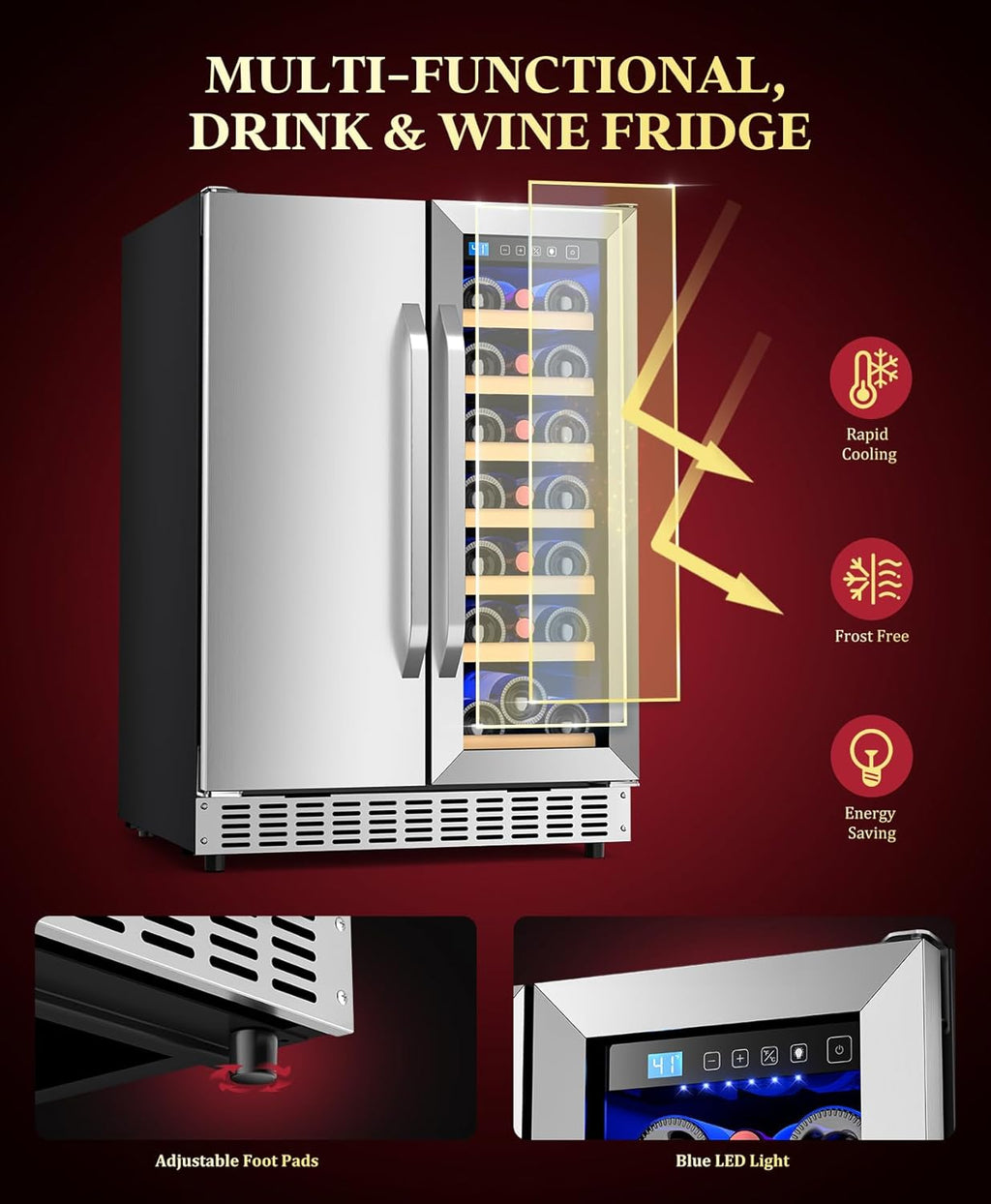24' Dual Zone Wine & Beverage Refrigerator, 60 Cans & 21 Bottle Under Counter Wine Cooler with Upgraded Cooling & Blue LED Light, Large Capacity Wine Fridge, Built-In or Freestanding