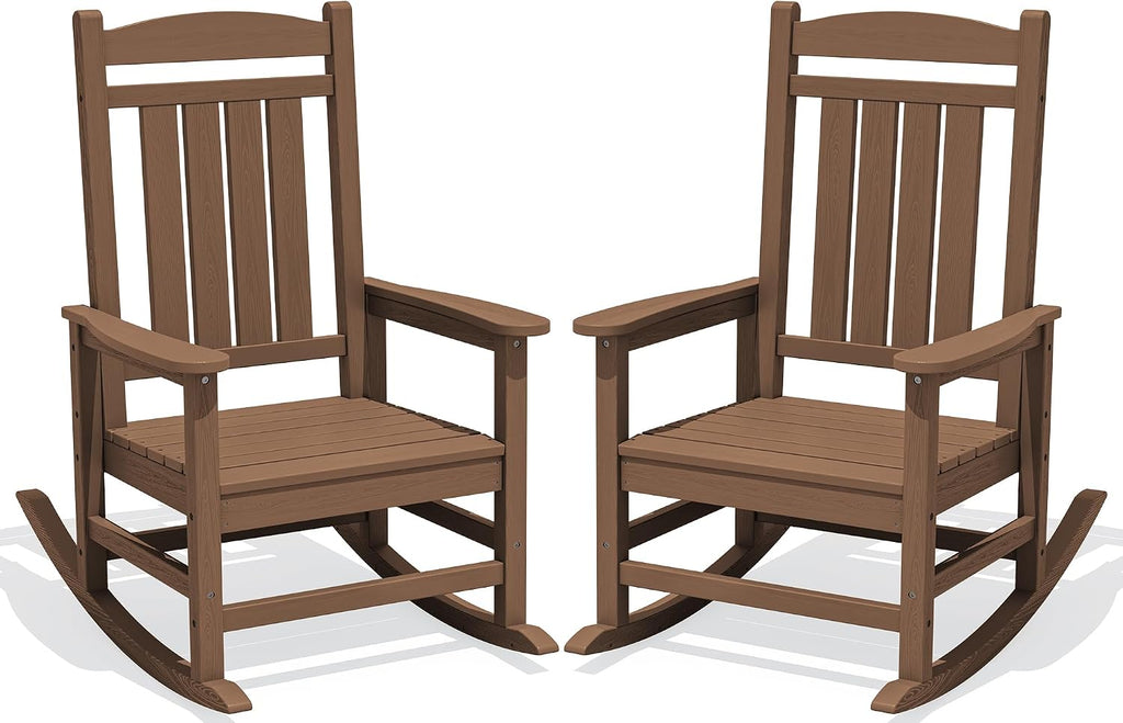 KINGYES Oversized Outdoor Rocking Chair Set of 2, High Density Polyethylene Patio Rocking Chairs with 350lbs Support for Adults, Porch Recliner Rocker, Brown