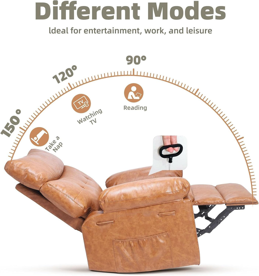 Oversized Recliner Chair with Heating & Massage, XL Faux Leather Nursery Rocking Chairs for Adults with Cup Holder and Side Pockets, Swivel Chair for Living Room, Bedroom Retro