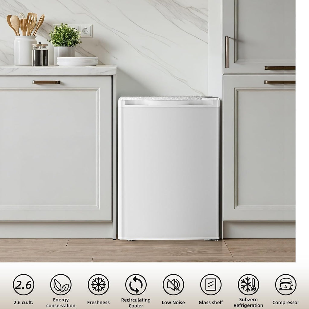 Antarctic Star 2.6 Cu.Ft.Compact Refrigerator with Freezer, Mini Fridge Single Door with Adjustable Thermostat,Removable Glass Shelves for Apartment,Dorm,Office,Kitchen，WHITE