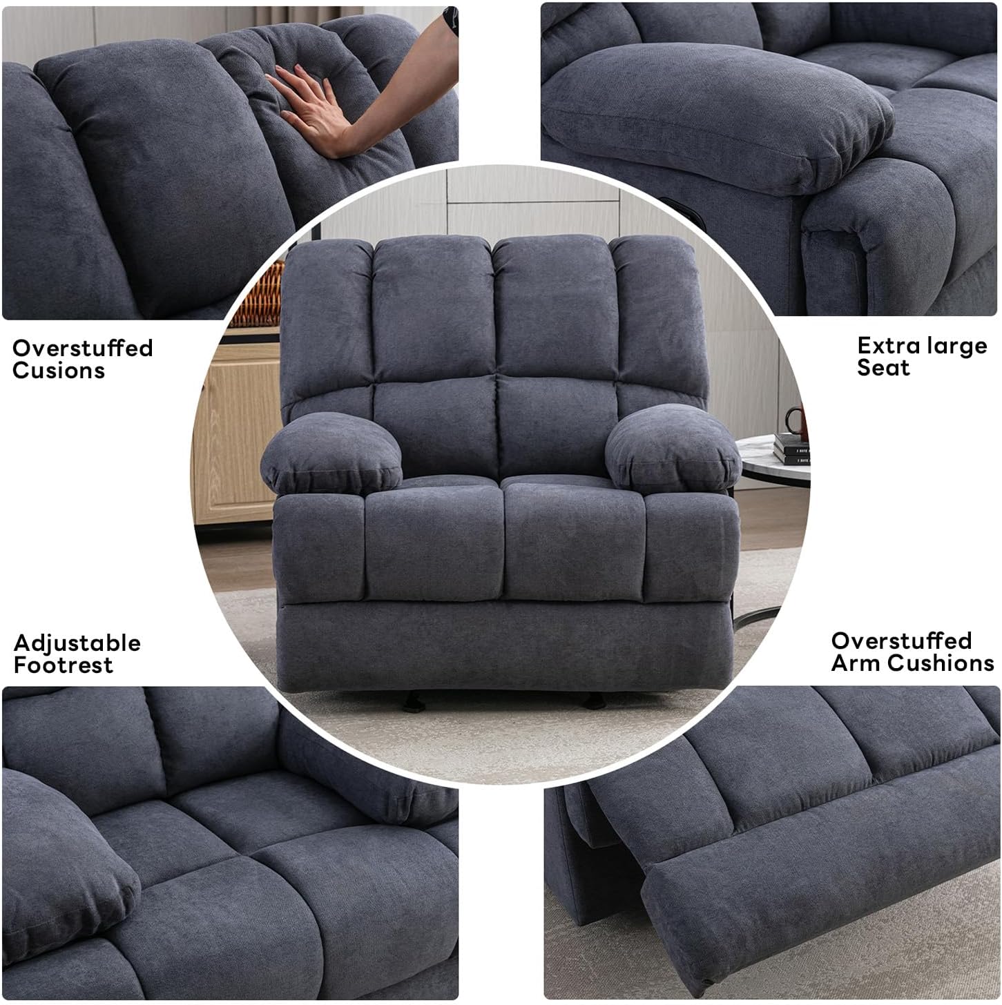 WILLOVE Oversized Rocker Recliner Chair Rocking Recliners Overstuffed Soft Big Man Manual Recliner Extra Large Living Room Chair 350 LBS Capacity, Grey, XL