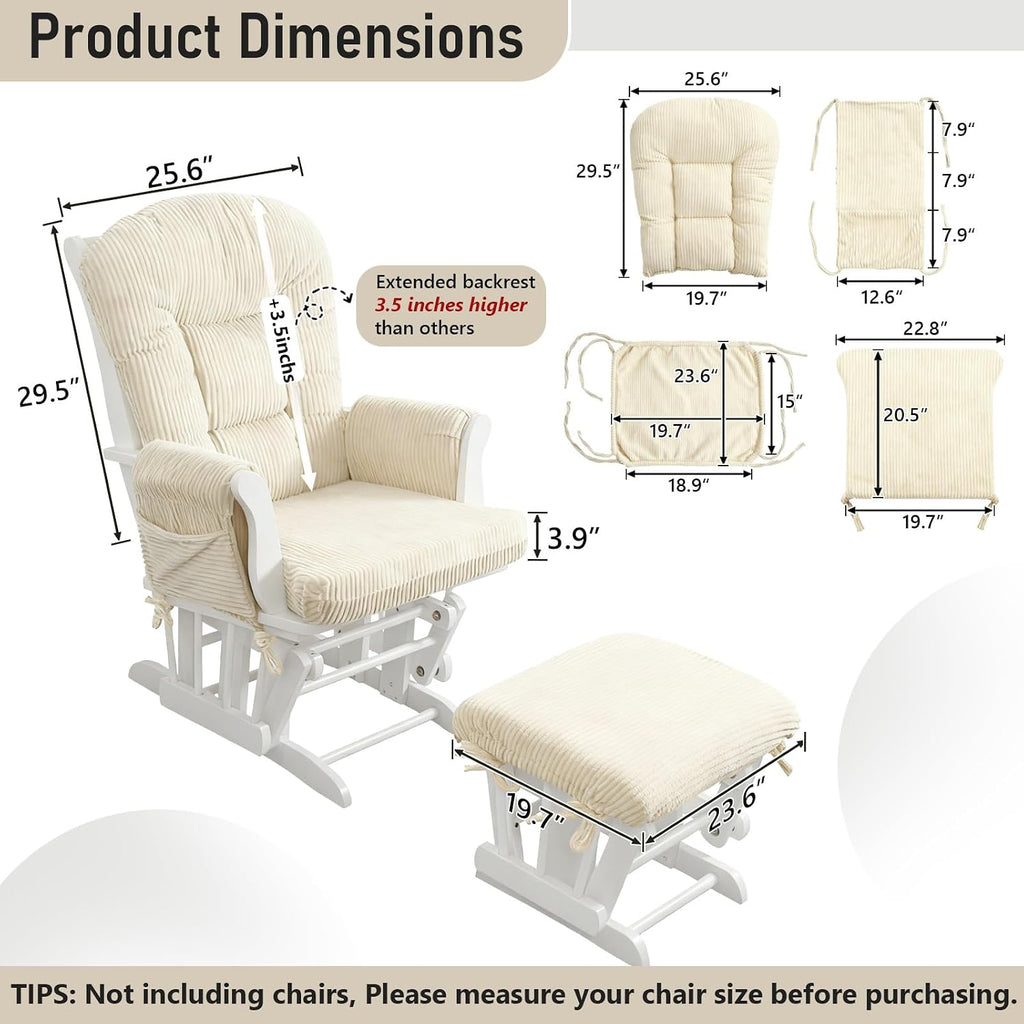 5PCS Glider Rocker Replacement Cushions with Storage Side Pockets, Thickened 3.5IN Seat & Supportive Striped Plush Rocking Chair Cushion Set with Ottoman Cover for Indoor Nursery, Beige