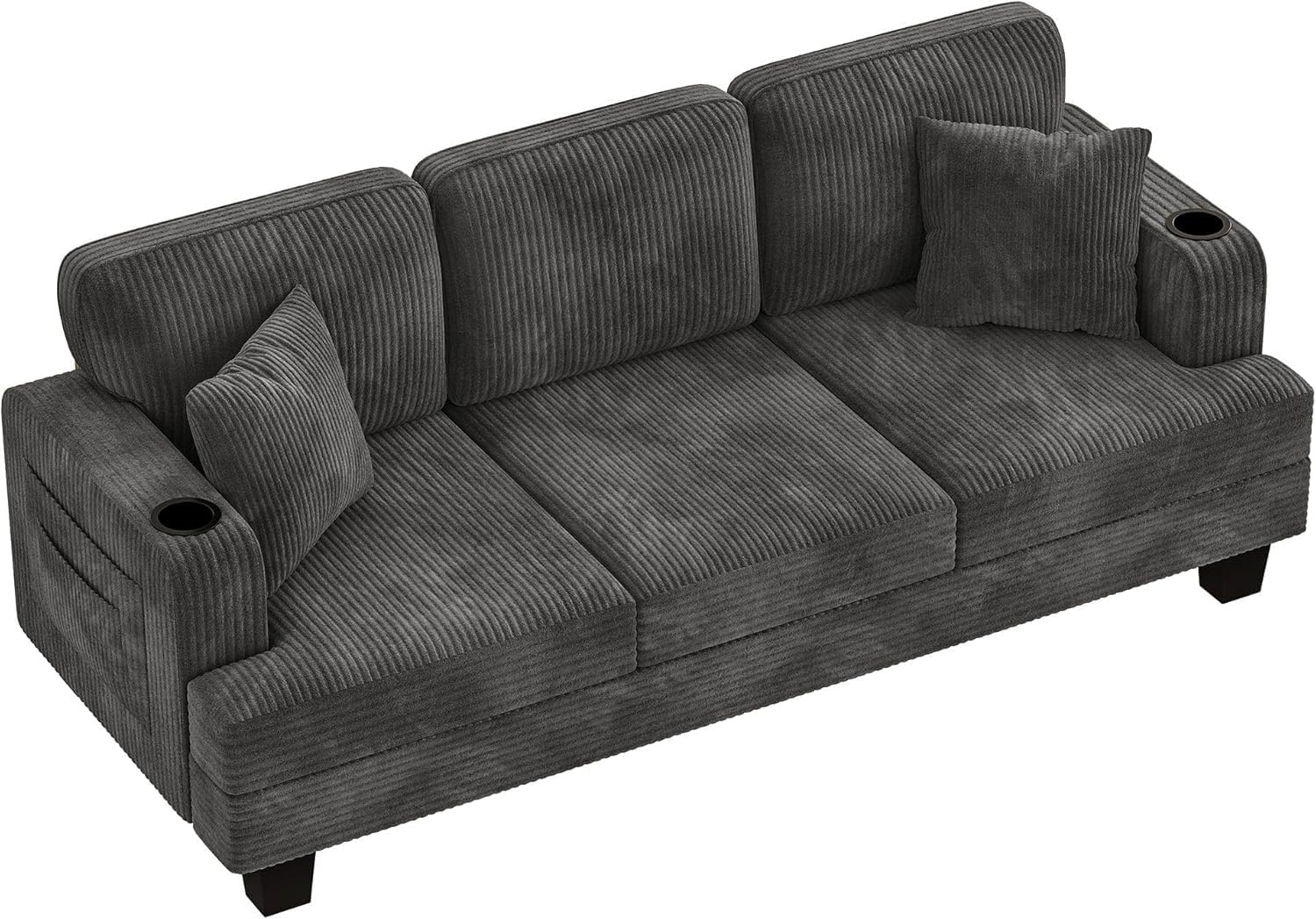 83' Modern Couch with Cup Holders, 3 Seater Couch with Comfy Pillow & Side Storage Pockets, Corduroyn Small Couch with Deep Seat Couch for Living Room, Bedroom, Apartment and Office (Charcoal Gray)