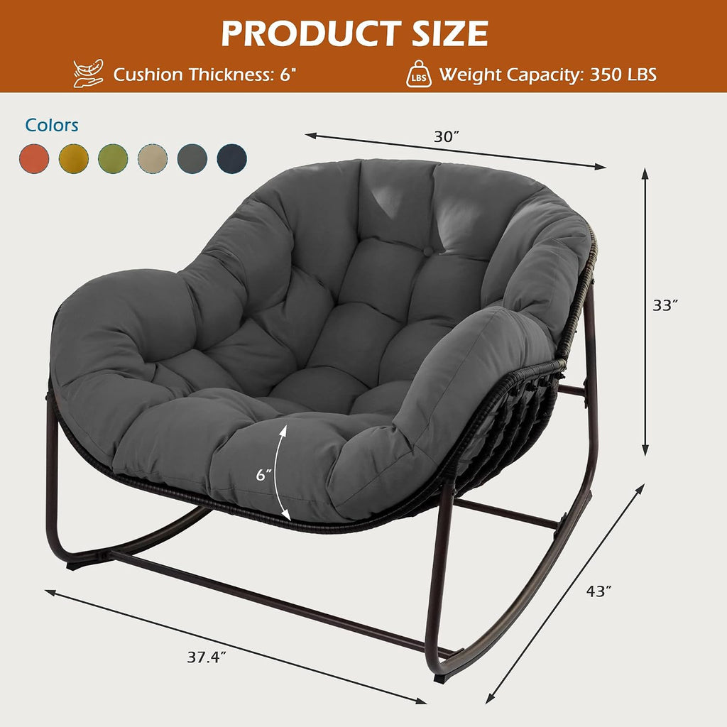 Papasan Rocking Chair Indoor & Outdoor, Oversized Egg-Shaped Papasan Rocker with Cushion & Pillow, All-Weather Wicker Patio Lounge Chair for Garden, Porch, Living Room (Gray)