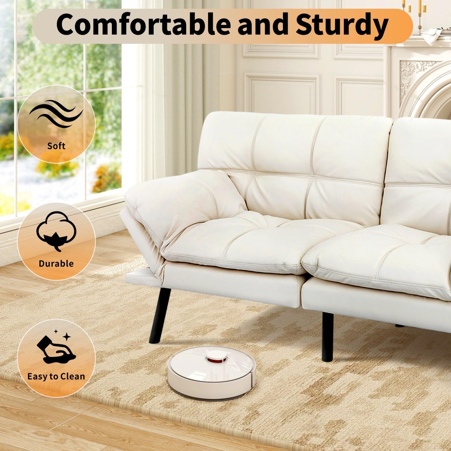 MUUEGM 71' Futon Sofa Bed, Modern Convertible Loveseat Sleeper, Faux Leather Couch with Adjustable Back & Arms for Small Spaces, Office & Apartment - Ivory