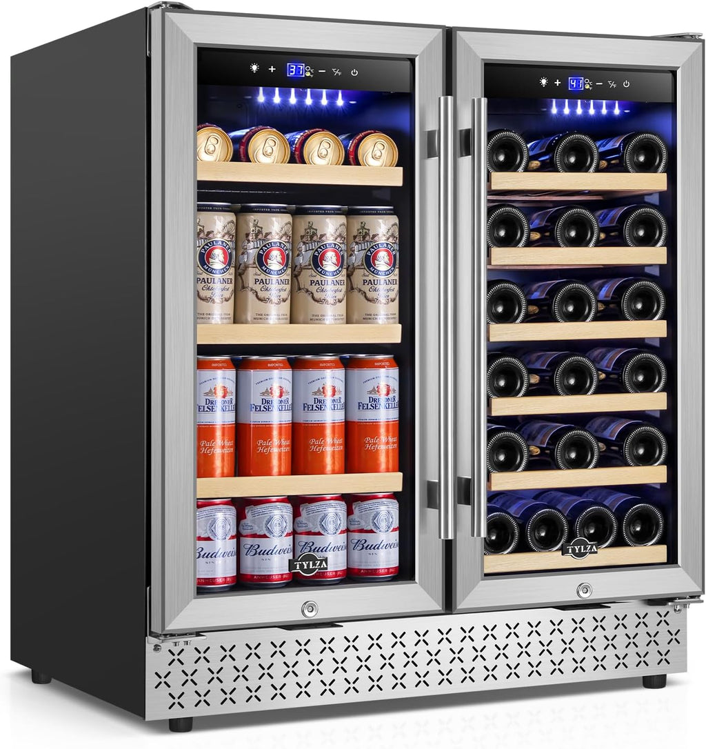 Tylza 30 Inch Wine and Beverage Refrigerator, Dual Zone Wine Beverage Cooler 30' with French Door, Under Counter Wine Beer Fridge Built-In or Freestanding, Holds 29 Bottles and 110 Cans TYBC200