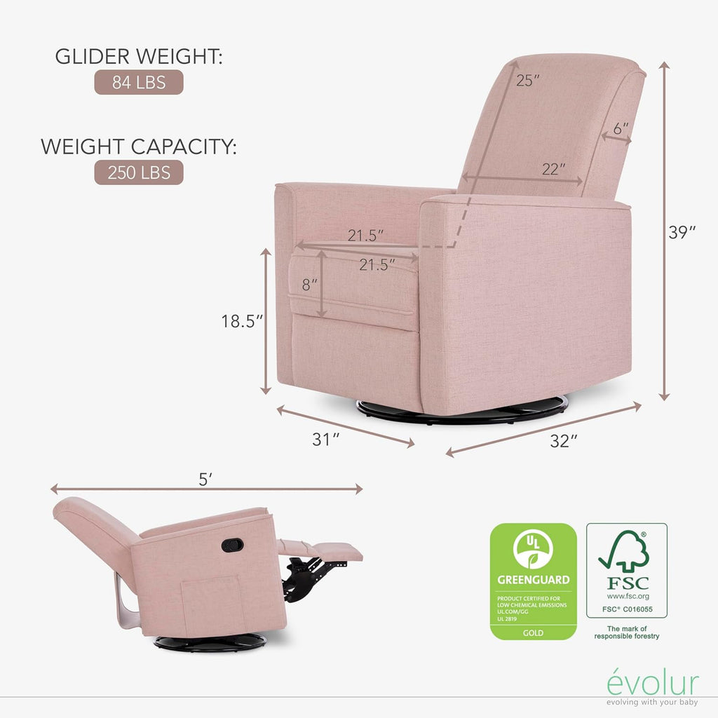 évolur Raleigh Upholstered Manual Glider Recliner– Rocking & 360° Swivel with Smooth Glide – Greenguard Gold & FSC Certified – Modern Nursery and Living Room Chair in Rose
