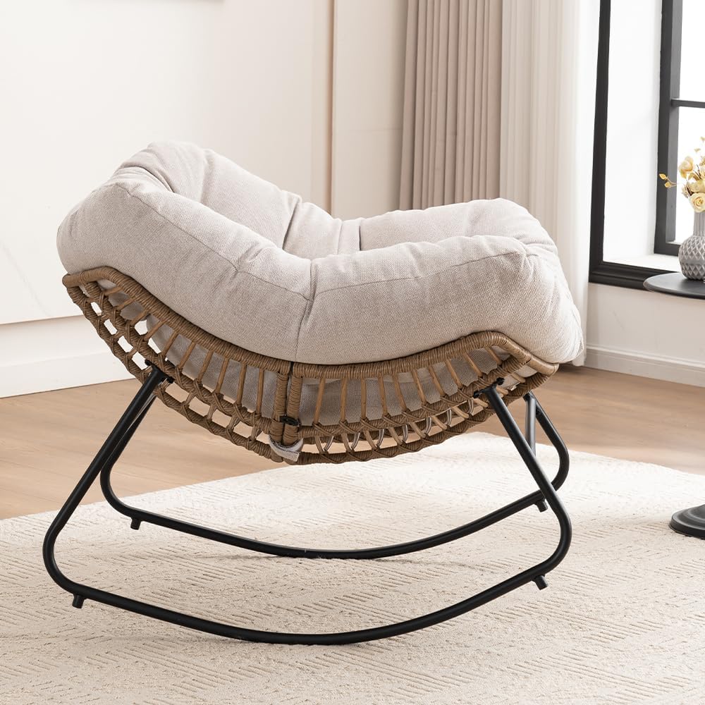 Outdoor Papasan Chair, Oversized Rocking Chair with Cushion and Metal Frame, Patio Lounge Rocking Chair for Balcony Backyard Porch Bedroom Living Room (Light Beige)