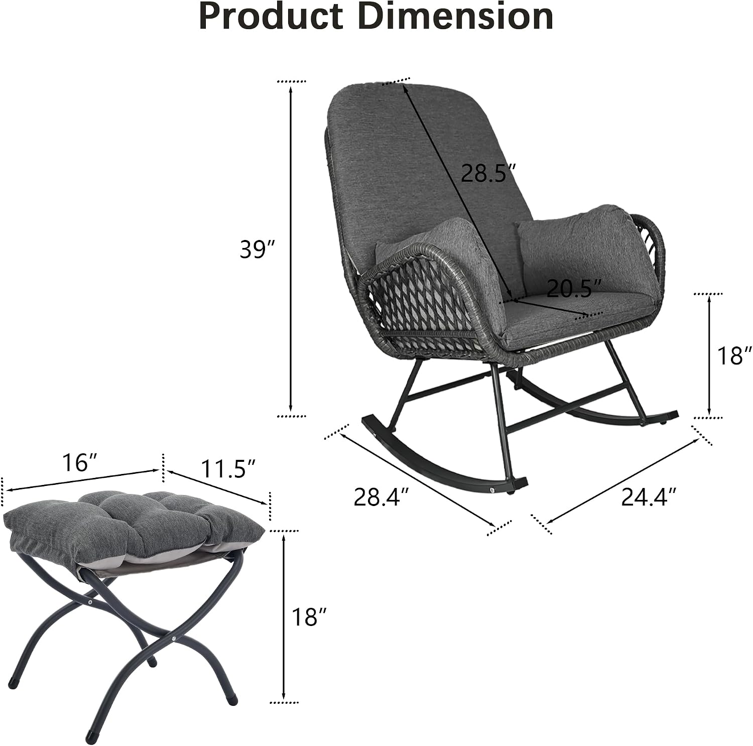 YDcosyfy Outdoor Wicker Rocking Chair with Ottoman Set of 2, Patio Rocker Chair with Cushions, Steel Frame Support, All-Weather Furniture, for Porch, Balcony, Indoor