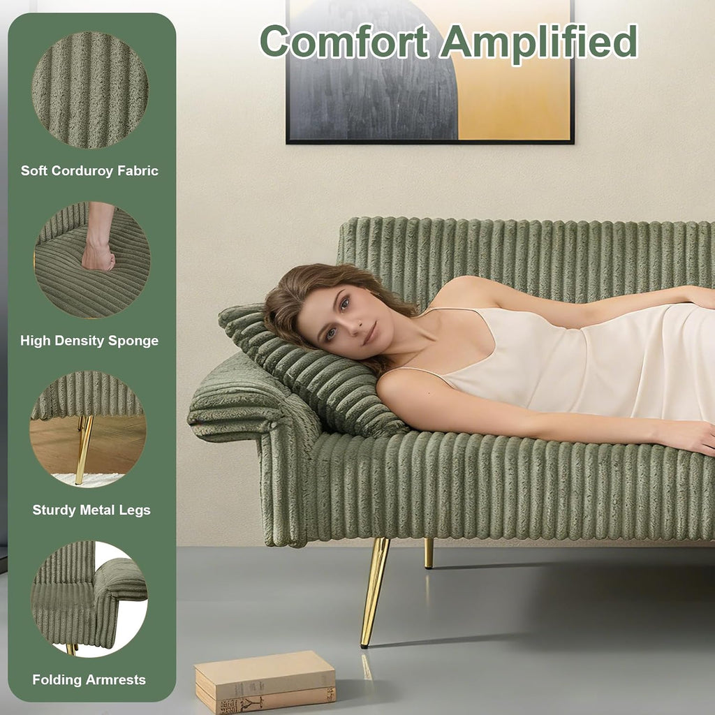 Rovibek Futon Sofa Bed, Convertible Futon Couch Bed with Adjustable Backrest, 2 Pillows, Corduroy Loveseat Futon for Small Spaces, Living Room, Apartment, Office, Green