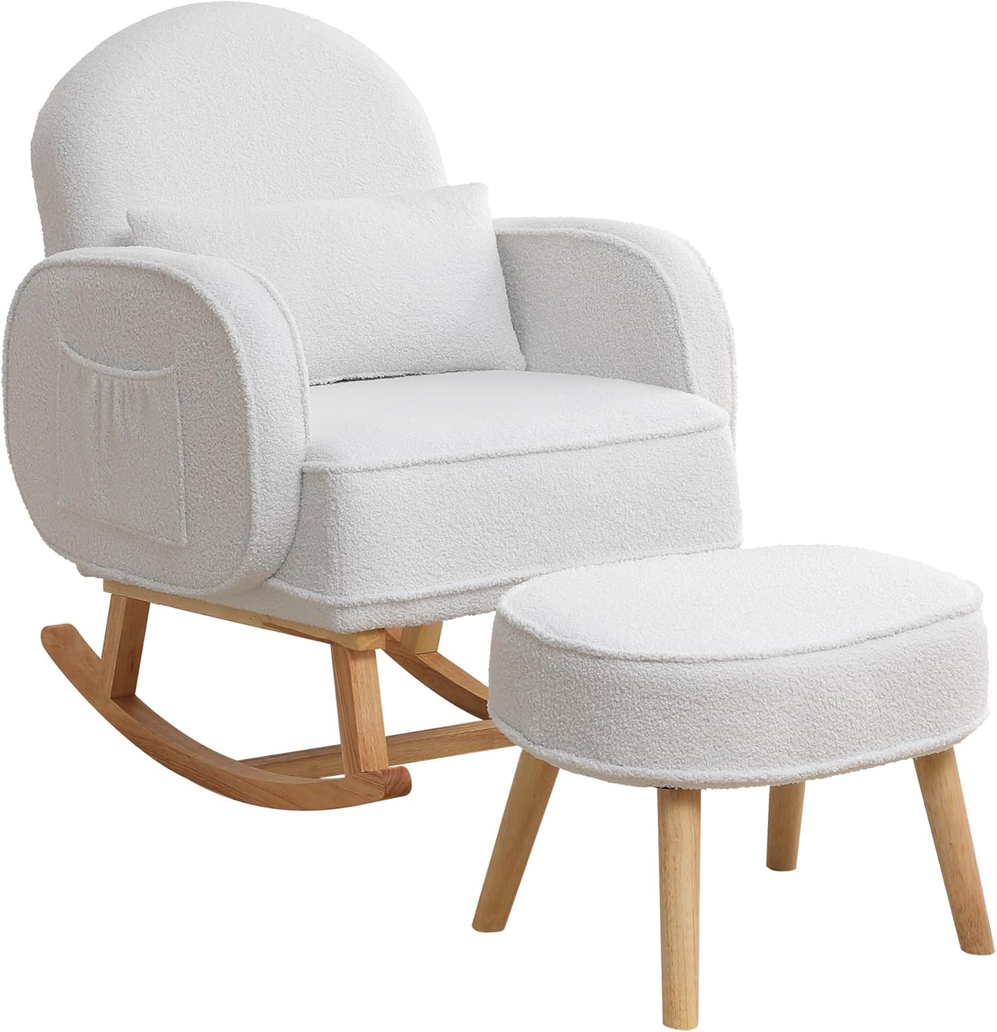 HCHAIRH Rocking Chair Nursery with Ottoman Footrest, Upholstered Glider Rocker with High Backrest and Side Pocket, Rocking Accent Armchair with Solid Wood Legs for Nursery, Living Room, Bedroom White