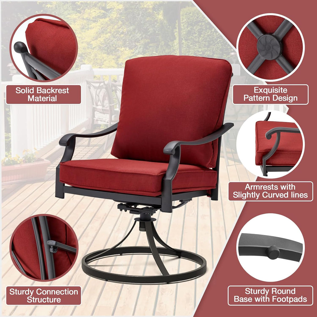 MELLCOM Patio Swivel Chair Set of 2, Heavy Duty Outdoor Dining Chairs with Thickened Cushions, Metal Patio Chairs Gentle Rocker for Outside, Garden Lawn & Porch, Backyard, Red