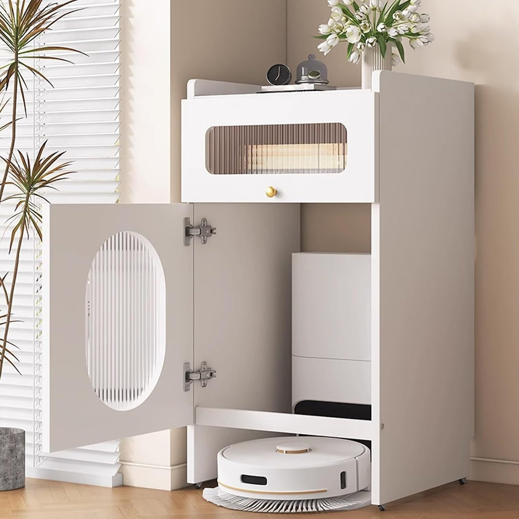 Mobile Storage Cabinet for Self-Emptying Robot Vacuum and Mop Open Back Panel Hidden Robot Vacuum Stand Side Table for Living Room Home Office Corner(Champagne,50 * 40 * 93cm)
