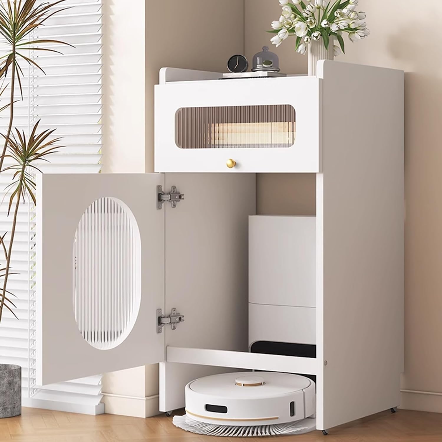 Mobile Storage Cabinet for Self-Emptying Robot Vacuum and Mop Open Back Panel Hidden Robot Vacuum Stand Side Table for Living Room Home Office Corner(Champagne,50 * 40 * 93cm)