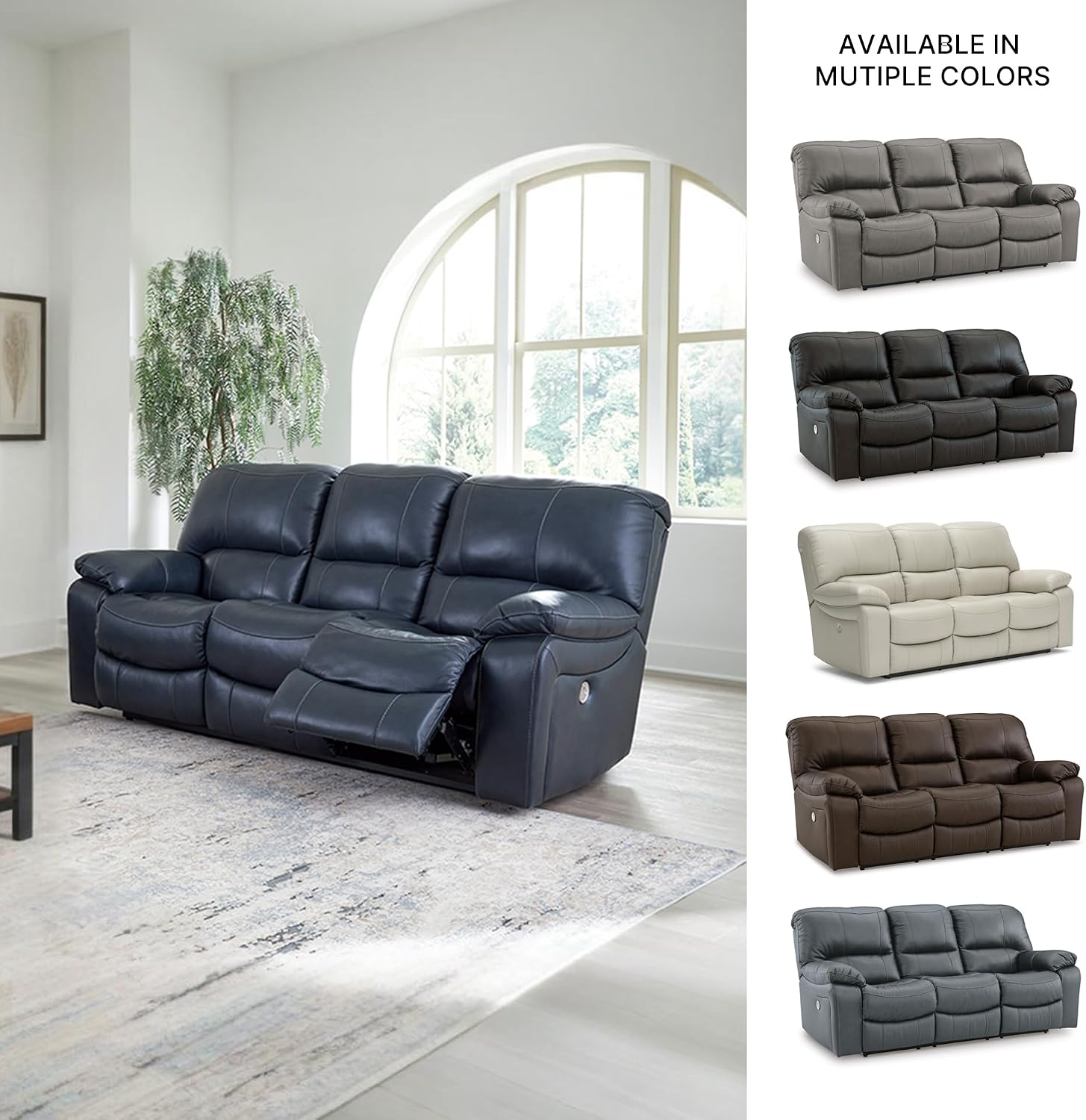 Signature Design by Ashley Leesworth Power Reclining Sofa, Leather Match Wall Hugger Reclining Sofa with One-Touch Power, Zero-Draw USB, 3 Seat Recliner Couch for Living Room, Brown