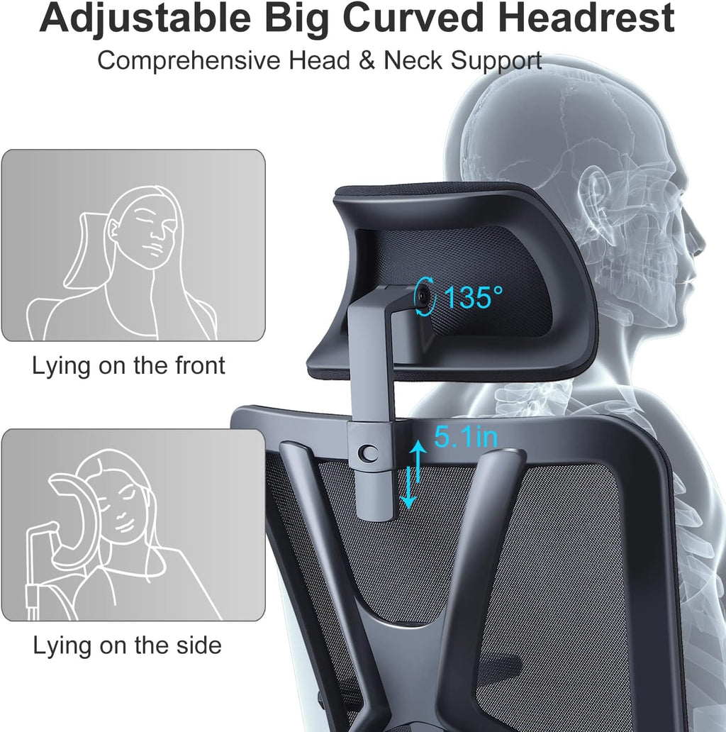 Ticova Ergonomic Office Chair - High Back Desk Chair with Adjustable Lumbar Support & 3D Armrest - 130°Reclining & Rocking Mesh ComputerChair with Thick Seat Cushion & Rotatable Headrest