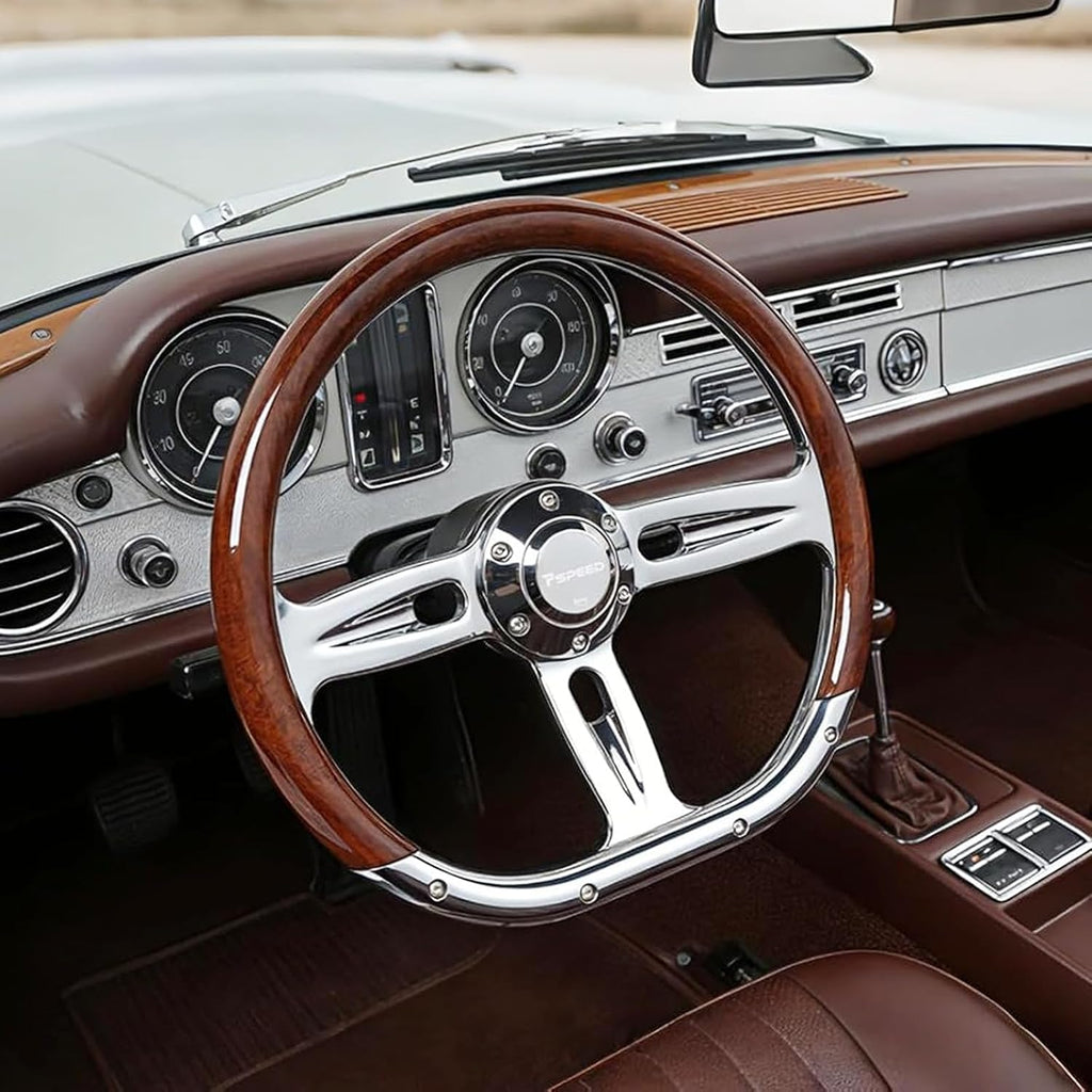 14 inch Wood D-shaped Universal steering wheel, 6 Bolt 3 Spokes Chrome-Plated aluminum alloy,50mm Deep Dish with horn Fit for Vintage,for Racing,for boat for Classic car steering wheel