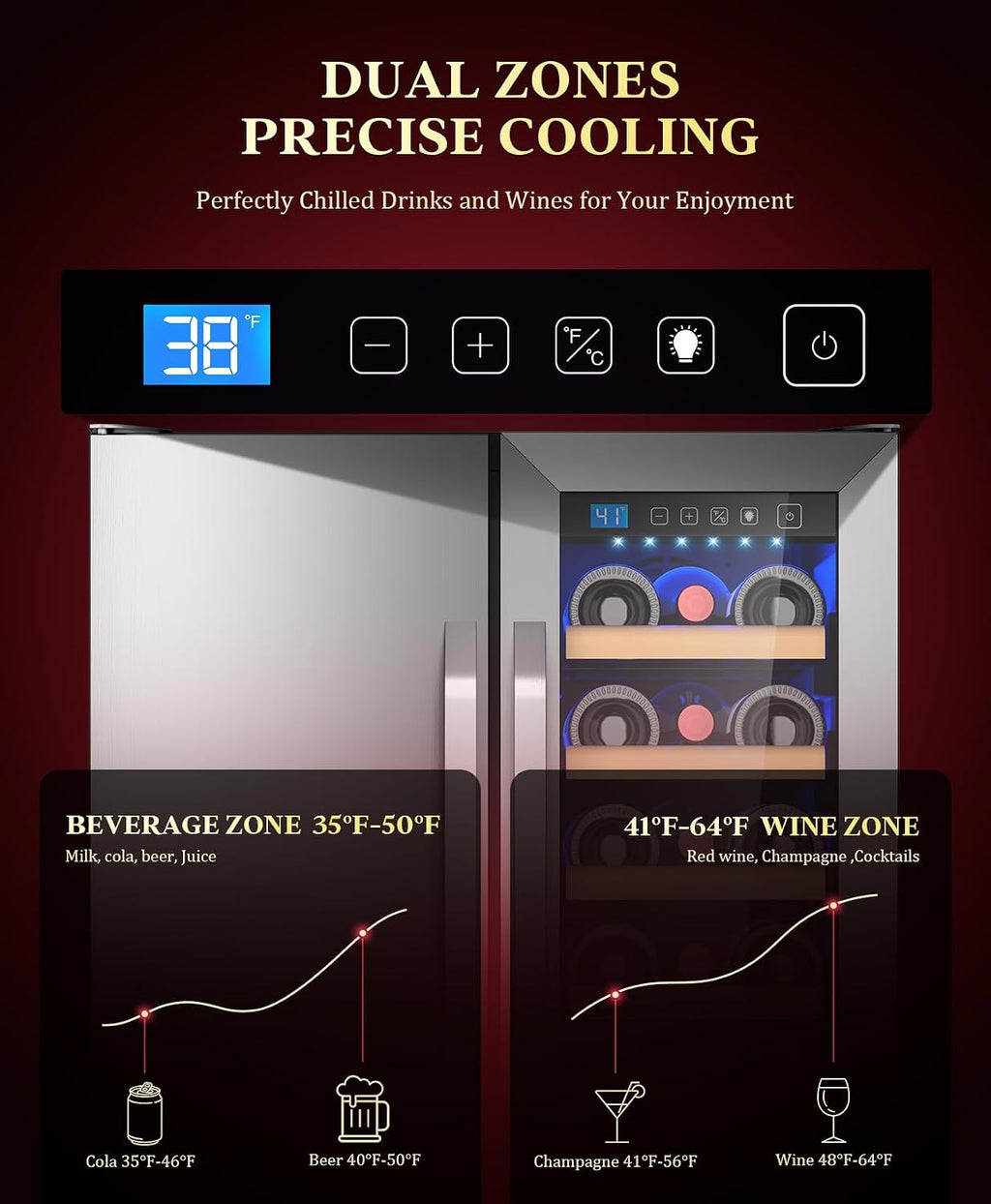 24' Dual Zone Wine & Beverage Refrigerator, 60 Cans & 21 Bottle Under Counter Wine Cooler with Upgraded Cooling & Blue LED Light, Large Capacity Wine Fridge, Built-In or Freestanding