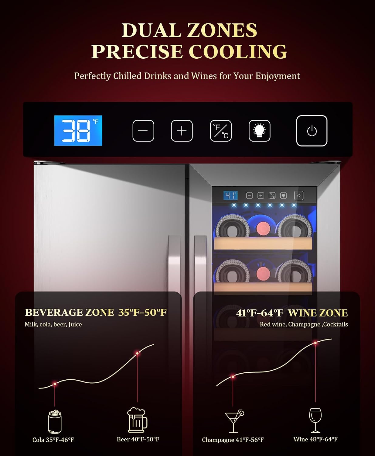 24' Dual Zone Wine & Beverage Refrigerator, 60 Cans & 21 Bottle Under Counter Wine Cooler with Upgraded Cooling & Blue LED Light, Large Capacity Wine Fridge, Built-In or Freestanding