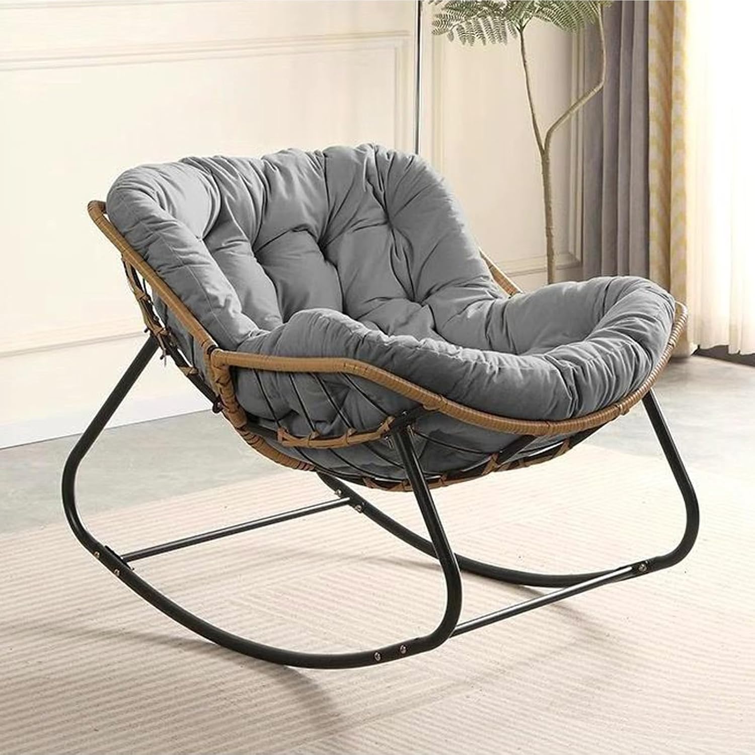Outdoor Papasan Chair, Oversized Outdoor Rocking Chair with Thick Cushion, Indoor Egg Rocker Lounge Chair, Patio Chairs for Porch Garden Living Room Bedroom (Light Gray)