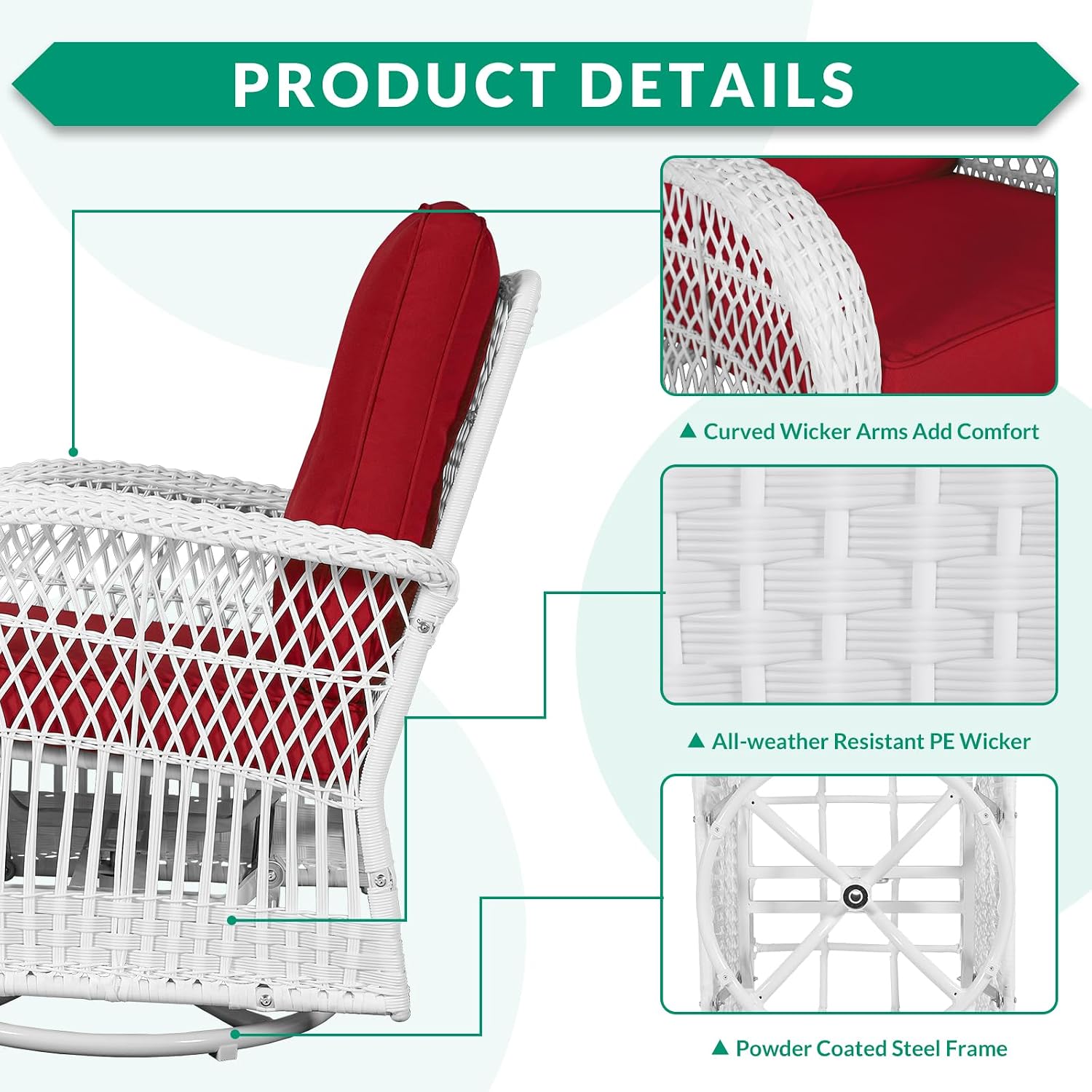 VIVIJASON 3-Piece Outdoor Conversation Bistro Set, Patio Swivel Glider Rocking Chairs Rattan Furniture Sets w/ 2 White Rattan Chairs, Glass Top Side Table for Porch Backyard, Red Cushions