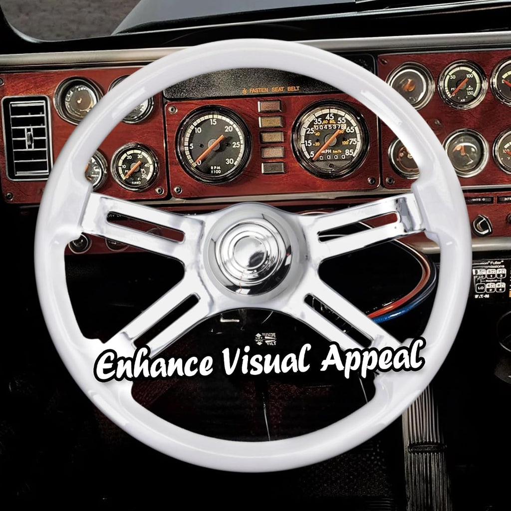 Sorghum 18' Solid Wood Steering Wheel - 4 Spokes Aluminum Chrome Classic Steering Wheel with Horn Button for Semi-Trailers Trucks Compatible with Mack Kenworth Peterbilt Volvo Freightliner-White