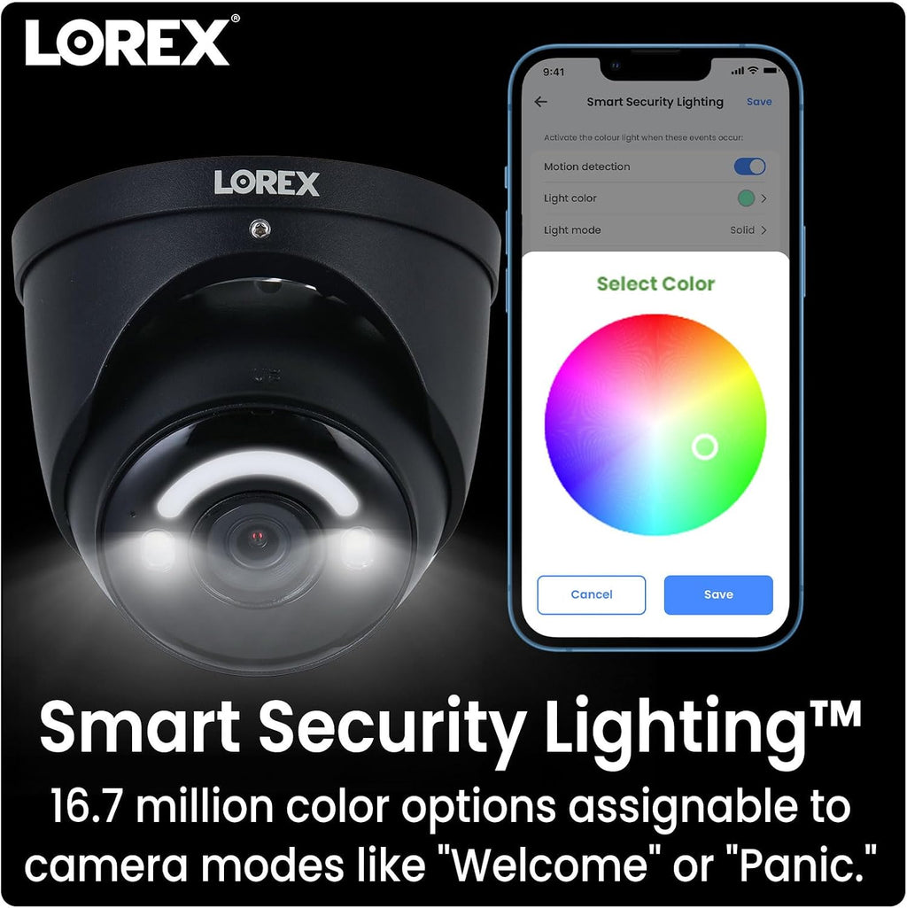Lorex 4K 8MP IP Wired Metal Dome Outdoor/Indoor Security Camera - Smart Security Lighting, Smart Motion Detection, Deterrence Siren, Color Night Vision Booster, 2-Way Talk, IP67 Weatherproof (Black)