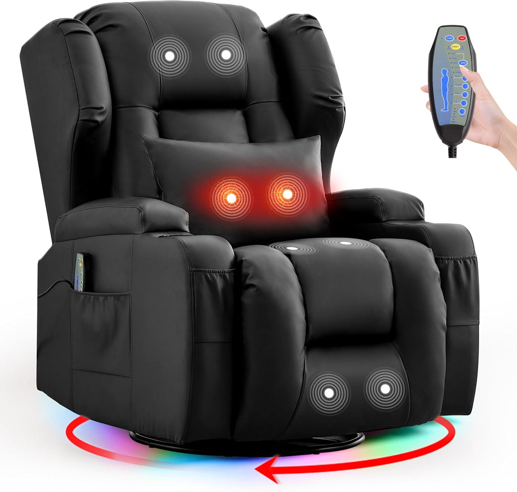 BINGTOO Dual Motor Power Swivel Rocker Recliner Chair with Massage & Heat, Electric Wall Hugger Glider Chair for Adults, Nursery with LED Lights, USB-C Ports & Cup Holders, Faux Leather Black, 1 Chair