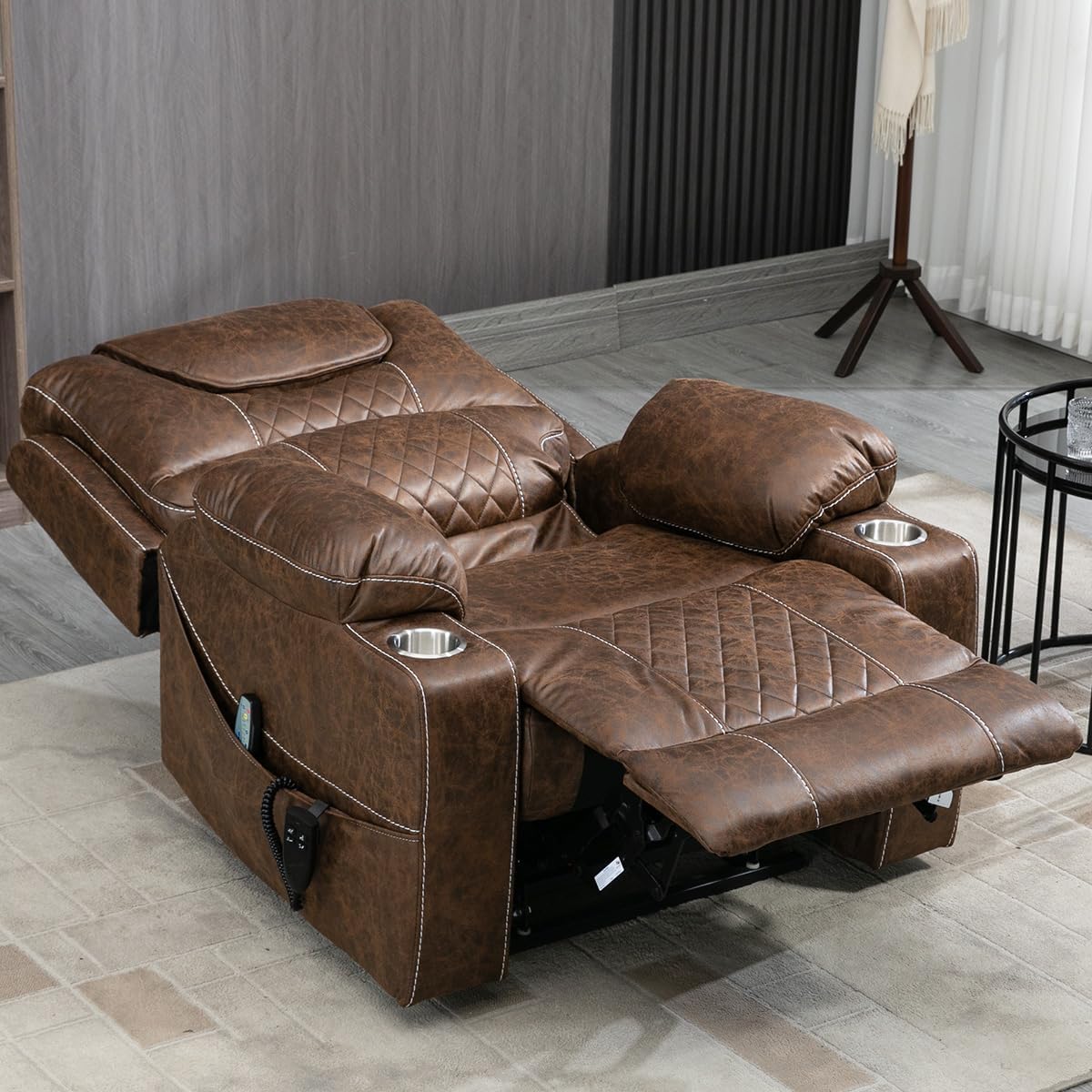 Oversized Lazy Boy Recliner Chair, 2 Motor Leather Recliner, Nursing Lift Chair with Massage and Lumbar Heating, Functional Adult Power Recliner with Cup Holders