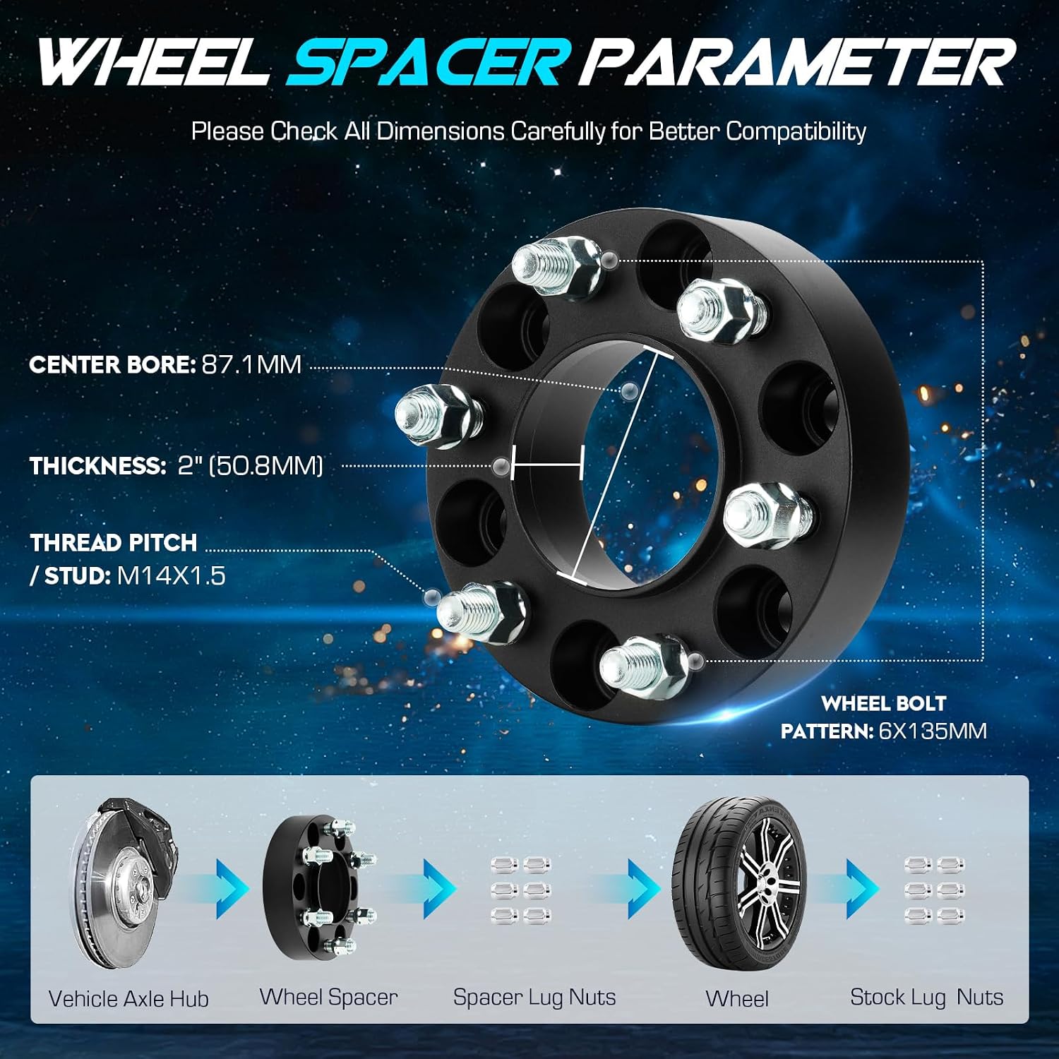 ILONPA 4pcs 6x135 2inch Hubcentric Wheel Spacers with 87.1mm Hub Bore, M14x1.5 Studs 6 Lug 50.8mm Thickness Wheel Adapters Compatible with 2015-2023 Ford F150 Expedition, Lincoln Navigator