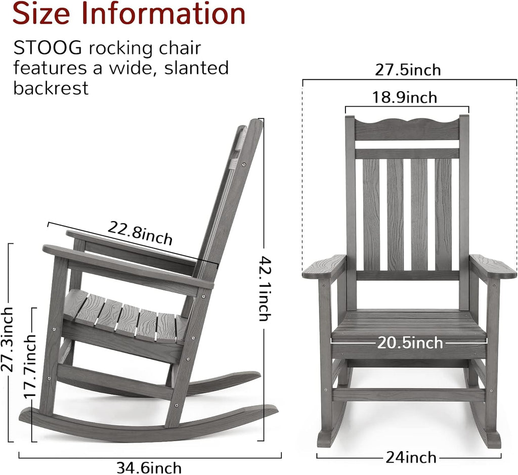 Stoog Outdoor & Indoor Rocking Chair, All-Weather Porch Rocker with 400 lbs Weight Capacity, Front Porch Rocking Chairs, for Backyard, Lawn, Fire Pit, Patio and Garden, Grey