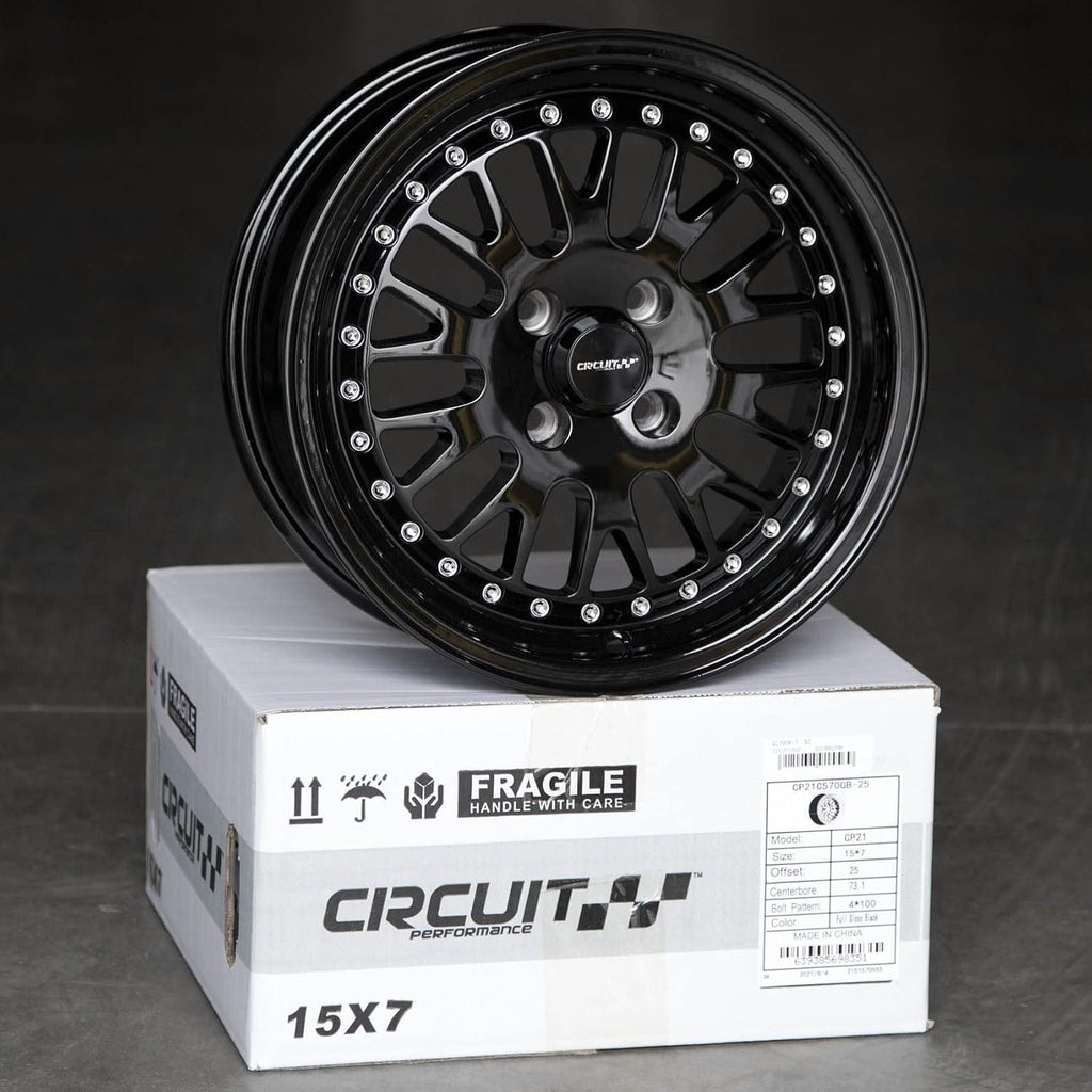 Circuit Performance CP21 15×7 Gloss Black 4×100 [+25mm] Wheel Rim compatible with Acura Integra, Honda Civic, Mazda Miata MX5, and BMW E30