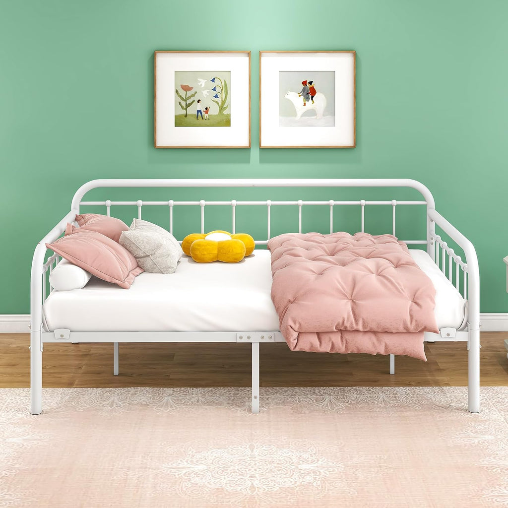 HOMERECOMMEND Multi-Purpose Metal Daybed Frame Heavy Duty Metal Slats Sofa Bed Platform Mattress Foundation Economic Day Bed White Color Twin Size.