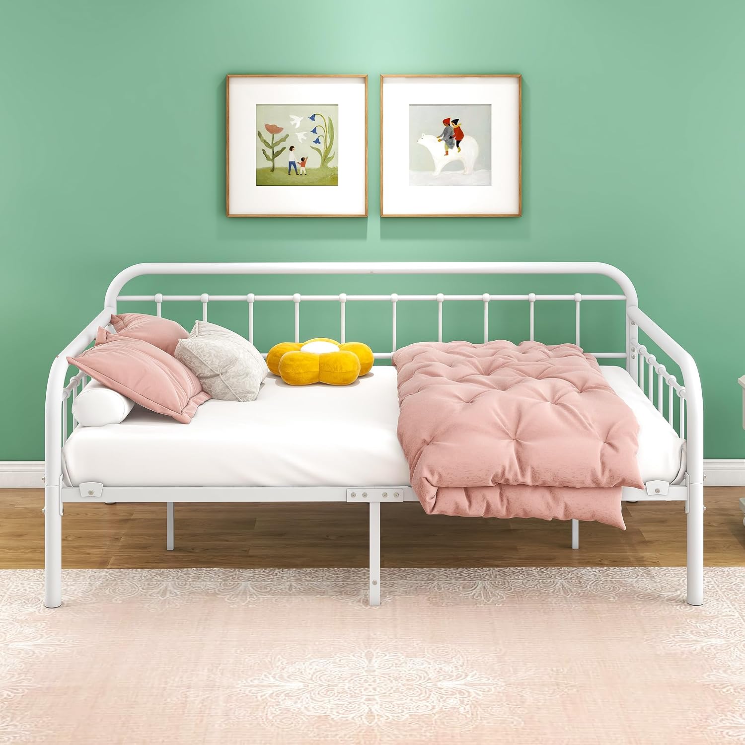 HOMERECOMMEND Multi-Purpose Metal Daybed Frame Heavy Duty Metal Slats Sofa Bed Platform Mattress Foundation Economic Day Bed White Color Twin Size.
