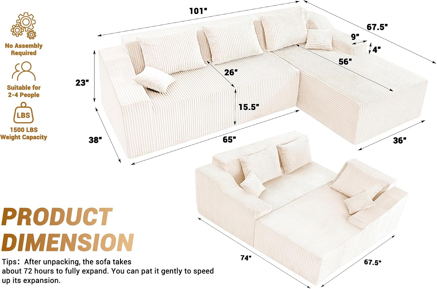 HABUTWAY 101'' Modular Sectional Sofa Cloud Couch with Deep Seat, Modern L-Shaped Convertible Couches Upholstered Couch with Chaise for Living Room Bedroom(Beige, Right-Facing Chaise)