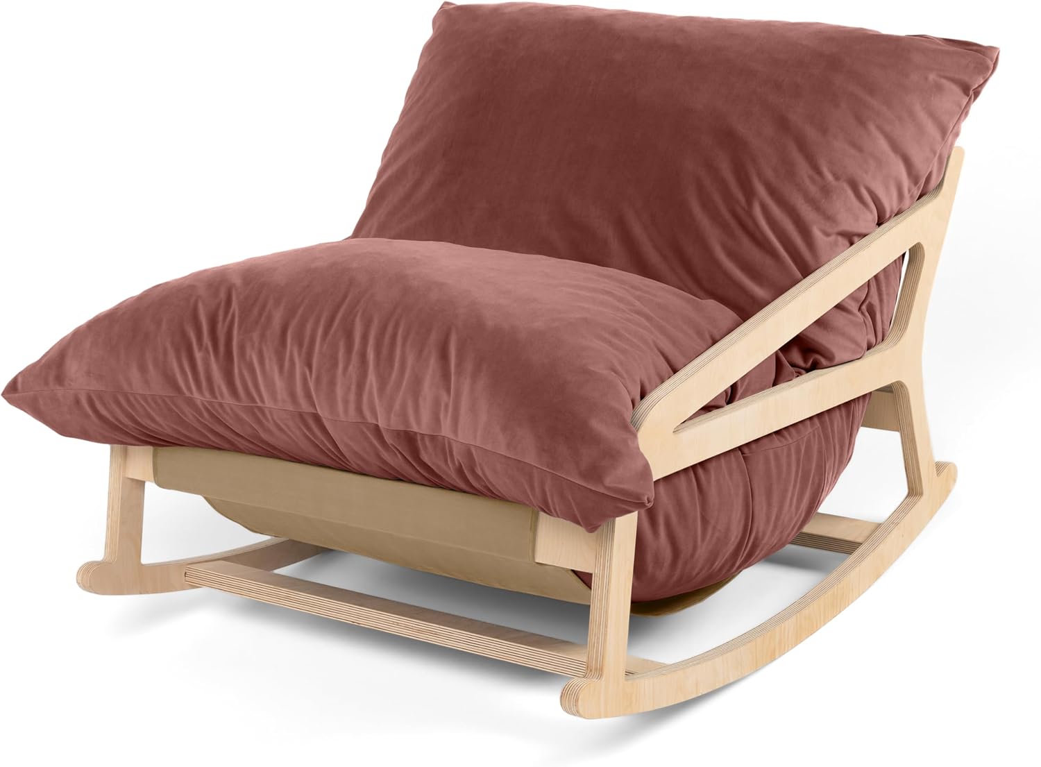Pillow Saxx Bean Bag Rocking Chair - Elegant Oversized Rocker with Modern Wood Frame, Lush Velvet Mauve