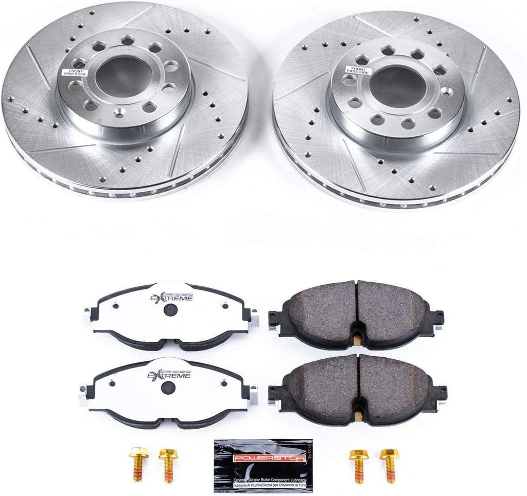 PowerStop Front Brake Kit for Audi A3 2015-16 |Audi A3 Quattro 2015-18 |Audi A3 Sportback e-tron 2016-18 - Carbon-Fiber Ceramic Z26 Brake Pads + Drilled & Slotted Rotors Upgrade, K7080-26
