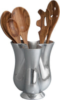 nambe Tulip Tool Jug with 5 Piece Kitchen Tool Set | Utensil Holder for Countertop with Assorted Kitchen Utensils | Made from Nambe Alloy and Acacia Wood