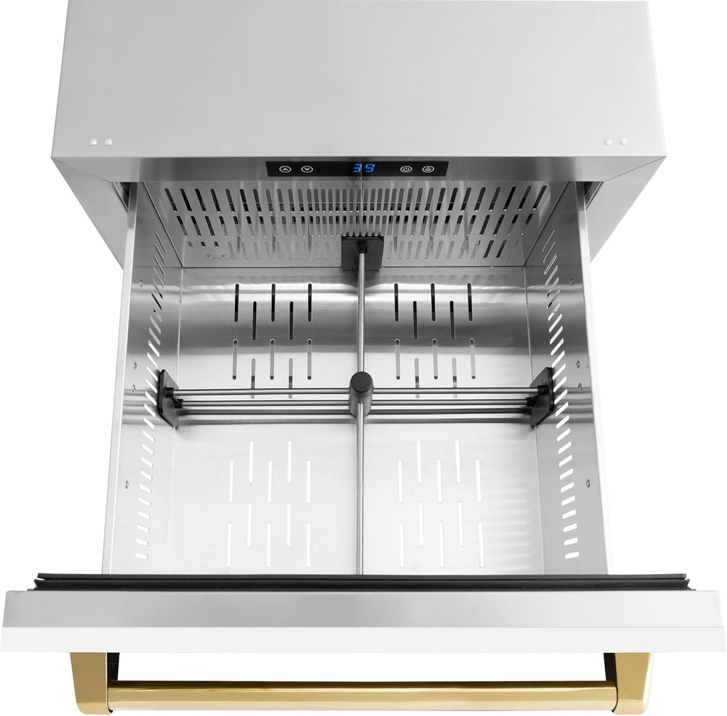 ZLINE Autograph Edition 24 in. Touchstone 168 Can Outdoor-Rated Dual Refrigerator Drawer with White Matte Doors and Polished Gold Handles (RDSOZ-WM-24-G)