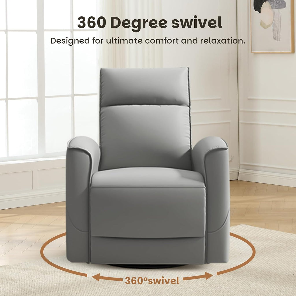 CANMOV Rocker Recliner Chair,360°Swivel Nursery Glider Recliner,Manual Recliner Sofa with Padded Armrest and Backrest,Leather Recliner for Small Spaces,Living Room,Bedroom (Grey)