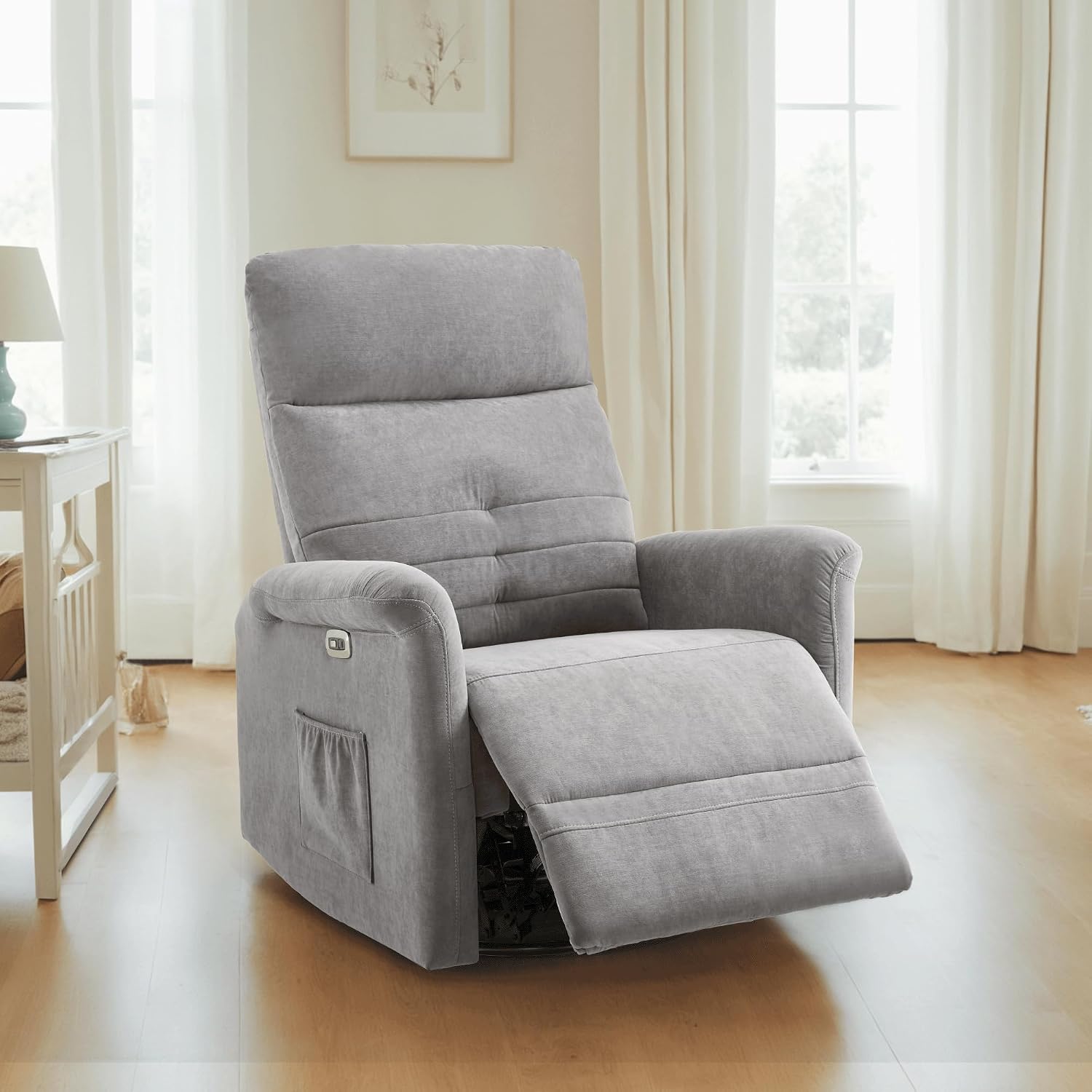 MCombo Power Swivel Glider Recliner Chair, Electric Rocker Recliner Chairs with USB Charging Ports for Living Room and Nursery, Fabric 7763 (Light Grey)