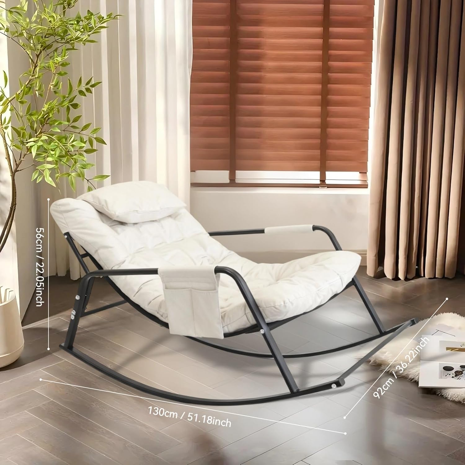 Oversized Padded Rocking Chair with Cushioned Seat, Ergonomic Design, Durable Metal Frame, for Indoor and Outdoor, Living Room, Bedroom, Porch, Patio, Garden