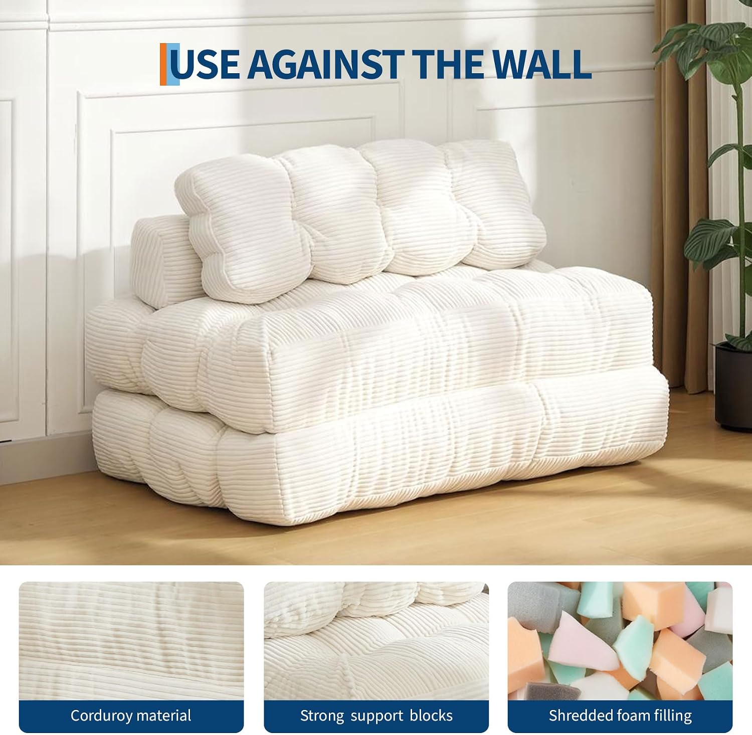 Garvee Folding Sofa Bed, Convertible Sleeper Chair with Pillow Foldable Mattress with Back Support, Boneless Fold Out Chair Bed Comfy Floor Sofa Lounge for Living Room, Bedroom, Beige, Full
