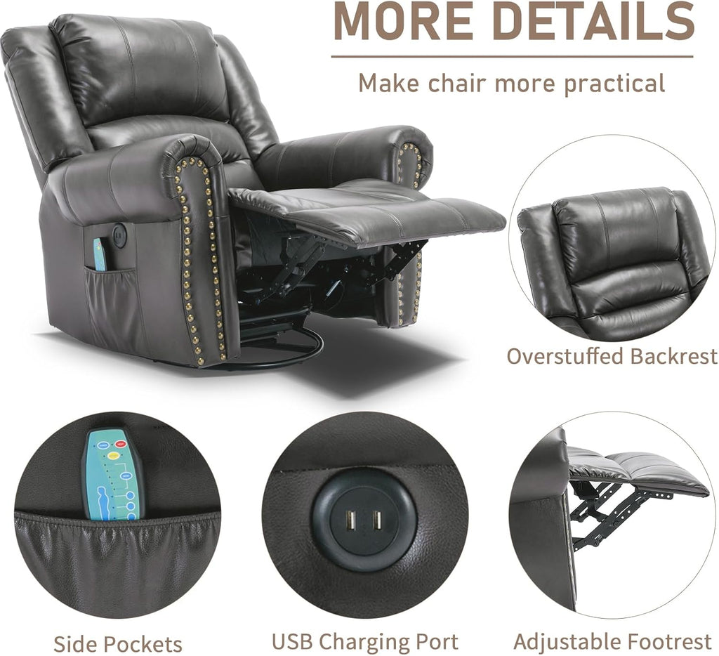 Manual Massage Swivel Rocker Recliner with Heat and Vibration, 360° Swivel Glider Rocking Recliner Chair, Classic Living Room Lounge Recliners with Side Pockets & USB Ports, Dark Gray