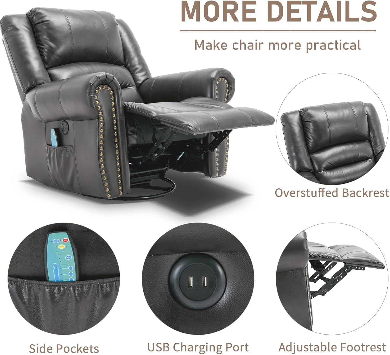 Manual Massage Swivel Rocker Recliner with Heat and Vibration, 360° Swivel Glider Rocking Recliner Chair, Classic Living Room Lounge Recliners with Side Pockets & USB Ports, Dark Gray