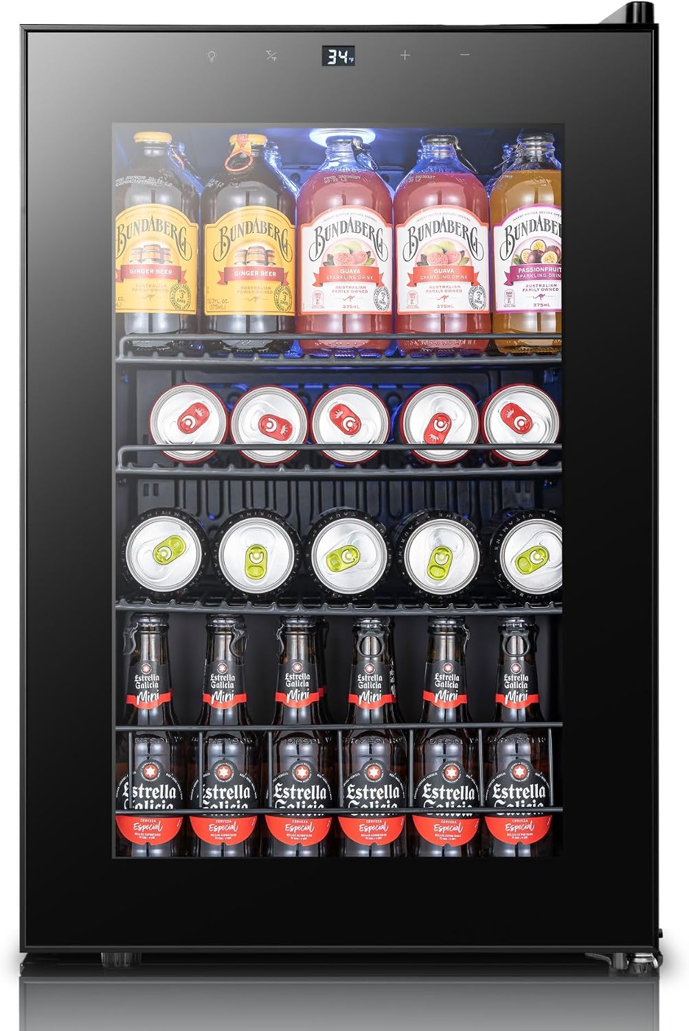 Yeego Countertop & Freestanding Beverage Fridge, 85-Can Mini Drink Refrigerator with Glass Door, Adjustable Shelves, Digital Temperature Control 34–54°F, Compact Cooler for Kitchen, Office, Bar