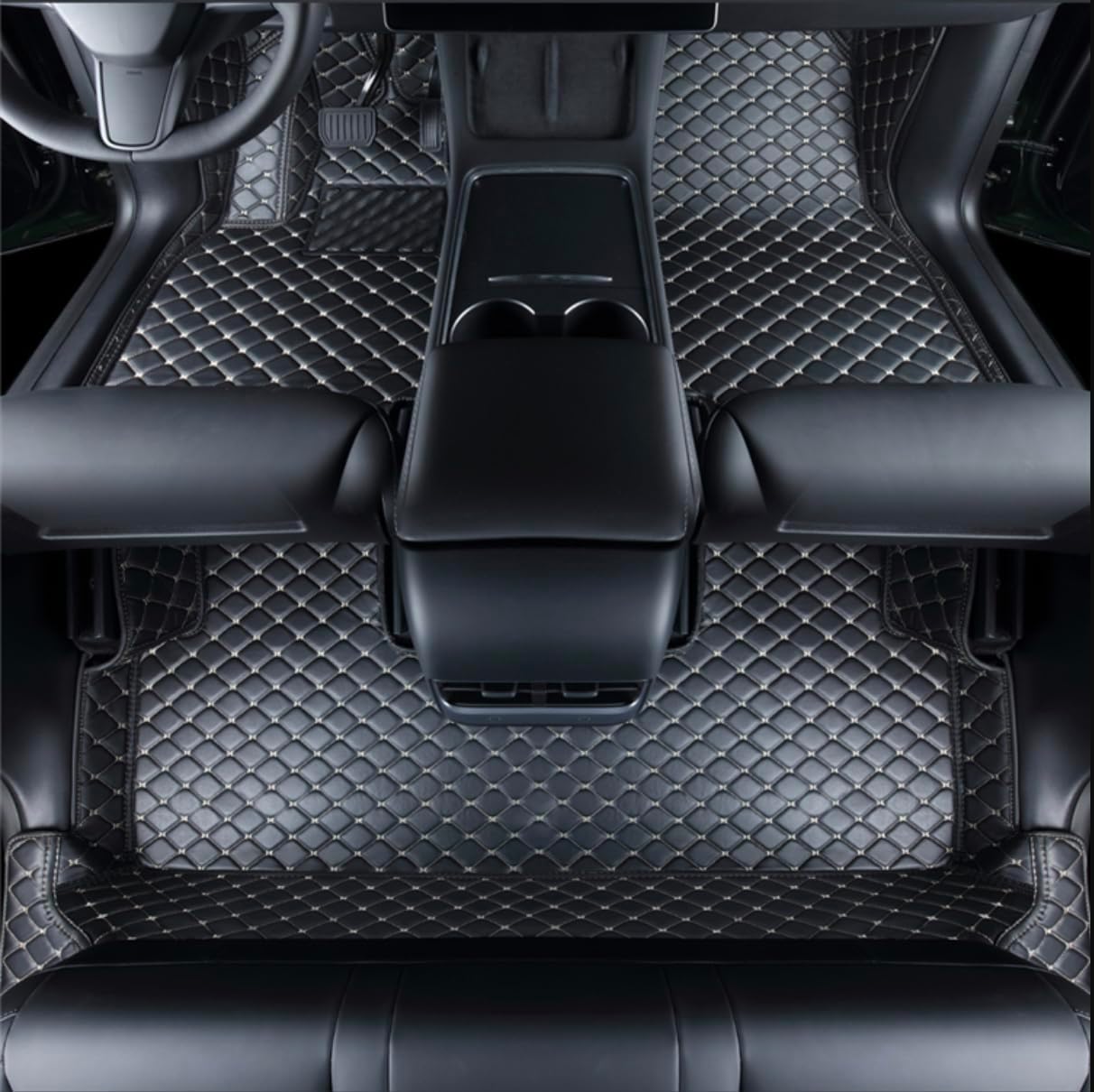 Compatible with Tesla Model Y 5-Seat 2020-2025 Floor Mats Weather Floor Liner Anti-Slip Design Interior (Black with Beige Stitching)