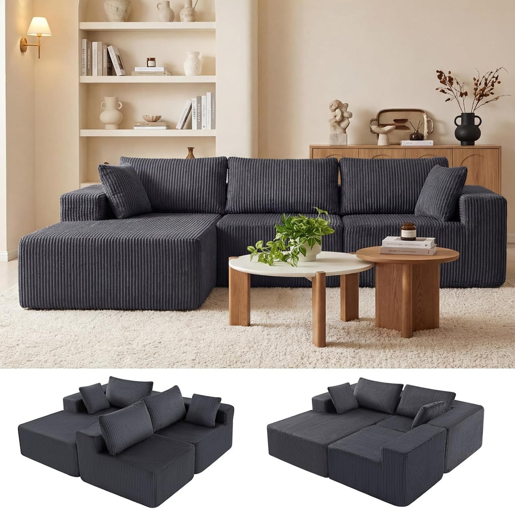DUMOS 108' Boneless Couch, Cloud Sectional Couch with L-Shape Chaise, Modular Sectional Sofa with Deep Seat, Upholstered Couch for Living Room Bedroom, No Assembly Required, Grey, Left Facing Chaise
