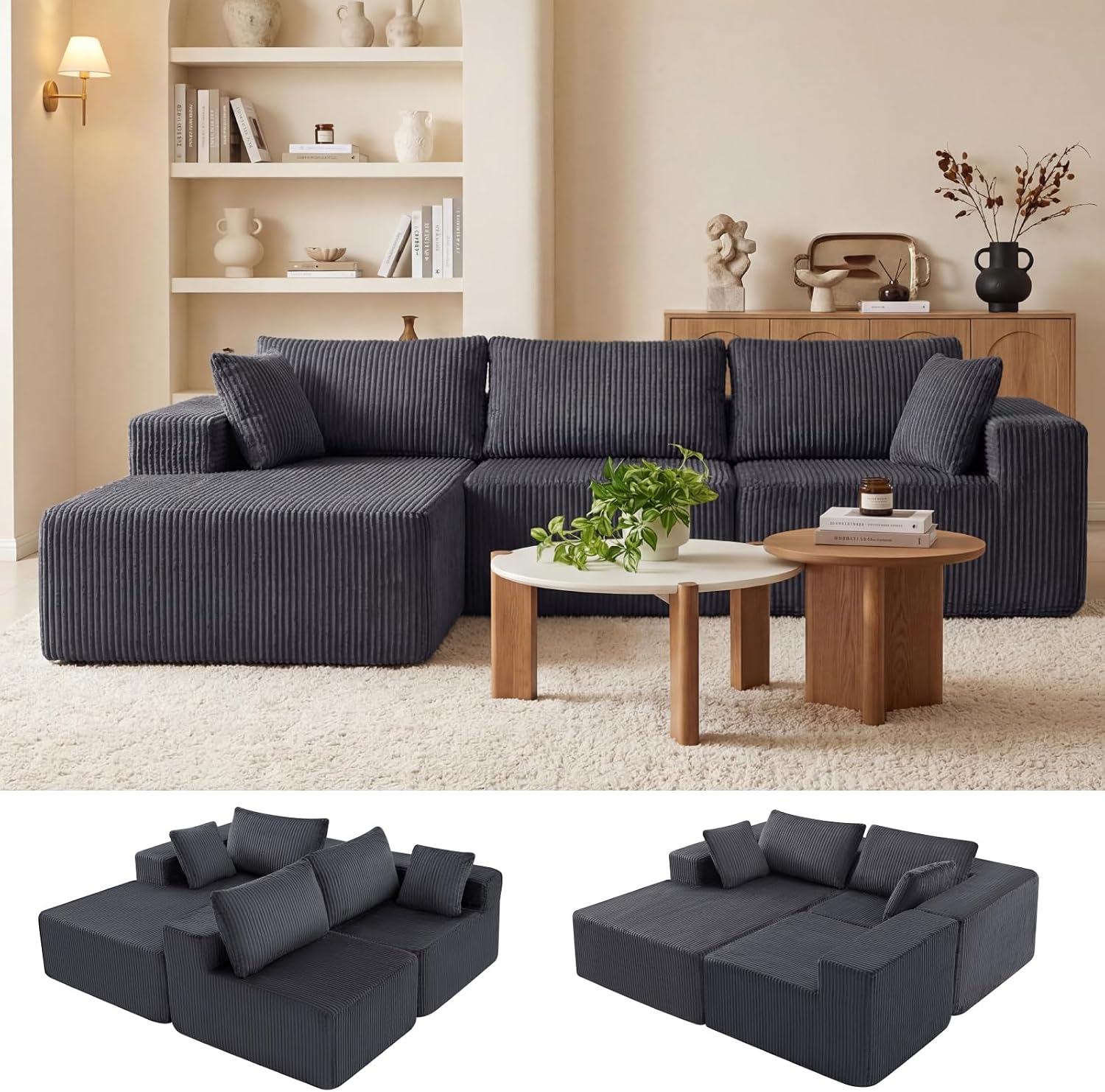 DUMOS 108' Boneless Couch, Cloud Sectional Couch with L-Shape Chaise, Modular Sectional Sofa with Deep Seat, Upholstered Couch for Living Room Bedroom, No Assembly Required, Grey, Left Facing Chaise